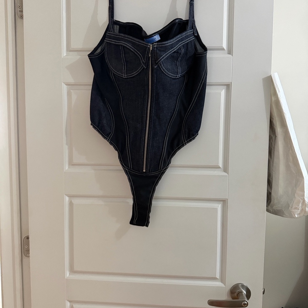 Mugler blue & black paneled denim bodysuit - Picture 3 of 3